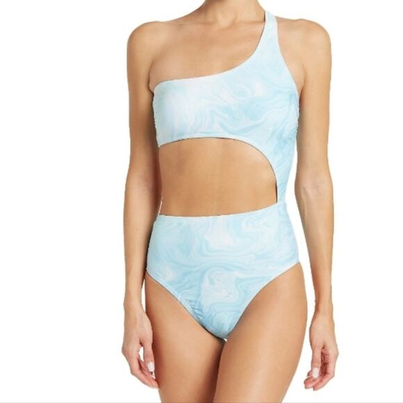 VYB Cut Out Asymmetrical One Piece Swimsuit Tie Dye Blue White | Large - Picture 2 of 7